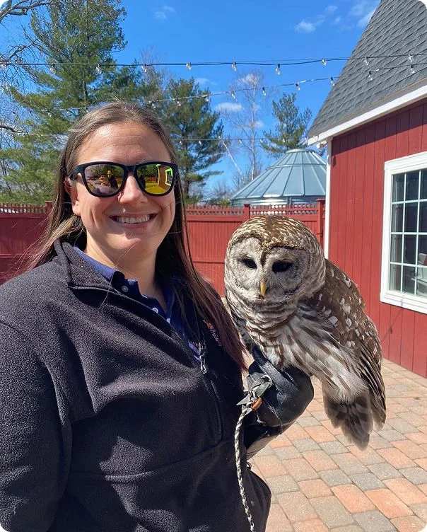 Barred Owl perched on the gloved hand of a smiling zookeeper.
